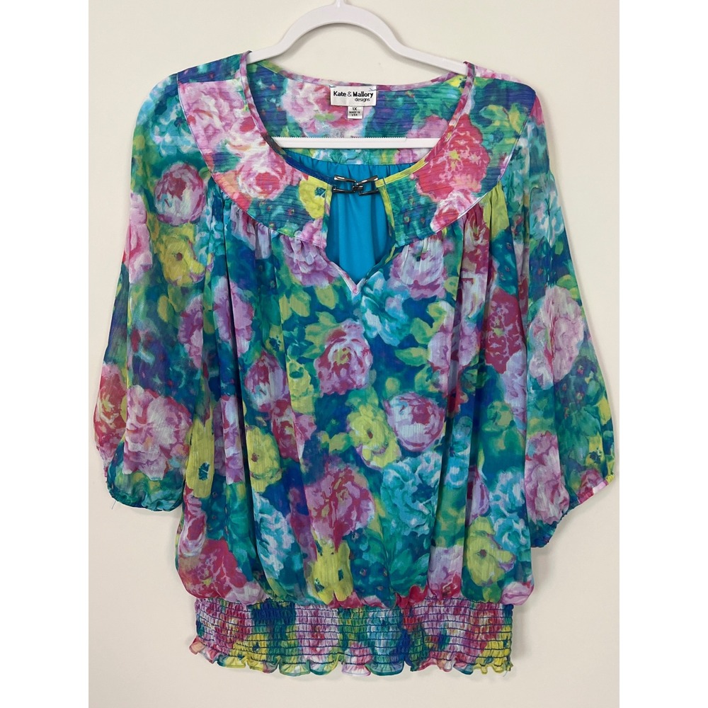 Kate & Mallory Design Women 1X Floral Sheer Blouse Smocked Hem Keyhole Blue Pink